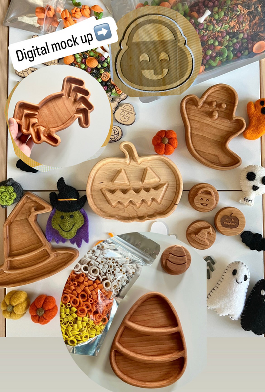Mini Halloween Wooden Plates / Sensory Tray | Witch Hat, Jack O Lantern, Halloween Bucket, Candy Corn, Ghost, and Spider