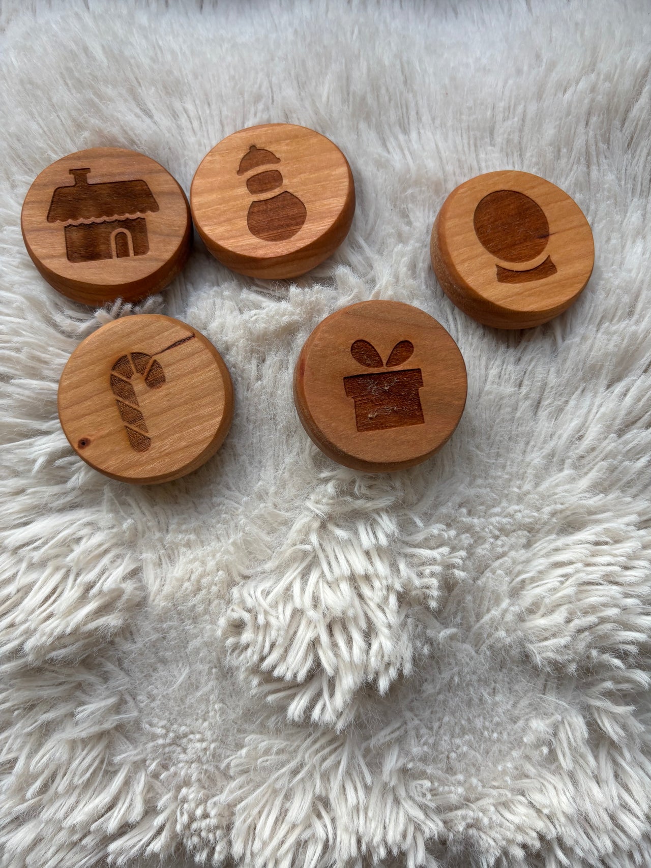 Ready to Ship, Playdough Stampers Christmas featuring handcrafted wooden stampers with carved holiday-themed designs including a gingerbread house, snowman, ornament, candy cane, and gift, ideal for homeschool educational resources and wood toys.