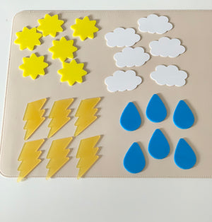 Yellow sun shapes, white cloud shapes, amber lightning bolts, and blue raindrop shapes arranged on a beige surface