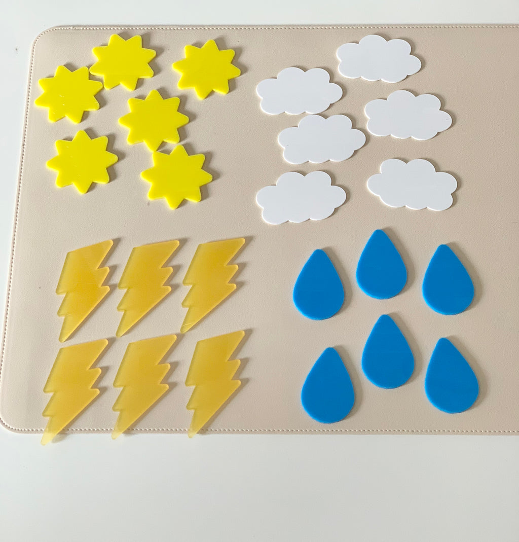Yellow sun shapes, white cloud shapes, amber lightning bolts, and blue raindrop shapes arranged on a beige surface