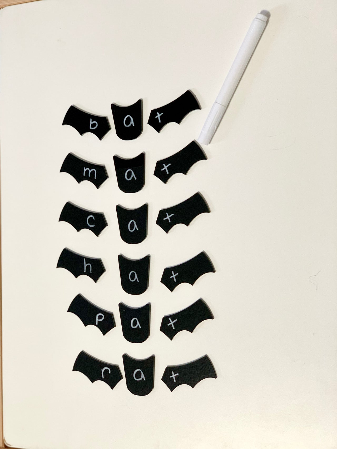 Black bat-shaped chalkboard labels with white marker and words bat, max, cat, hat, pat, rat on a white surface