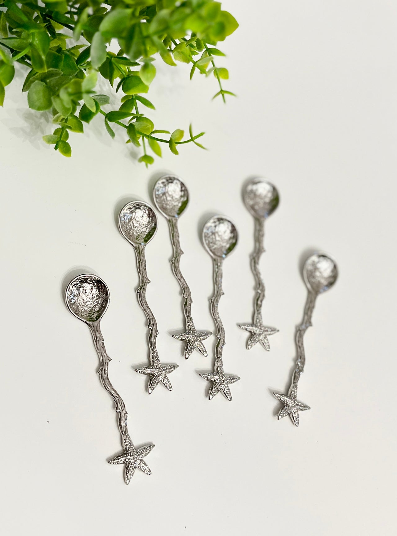 Six silver spoons with starfish handles and hammered bowls arranged near green plant leaves on white surface