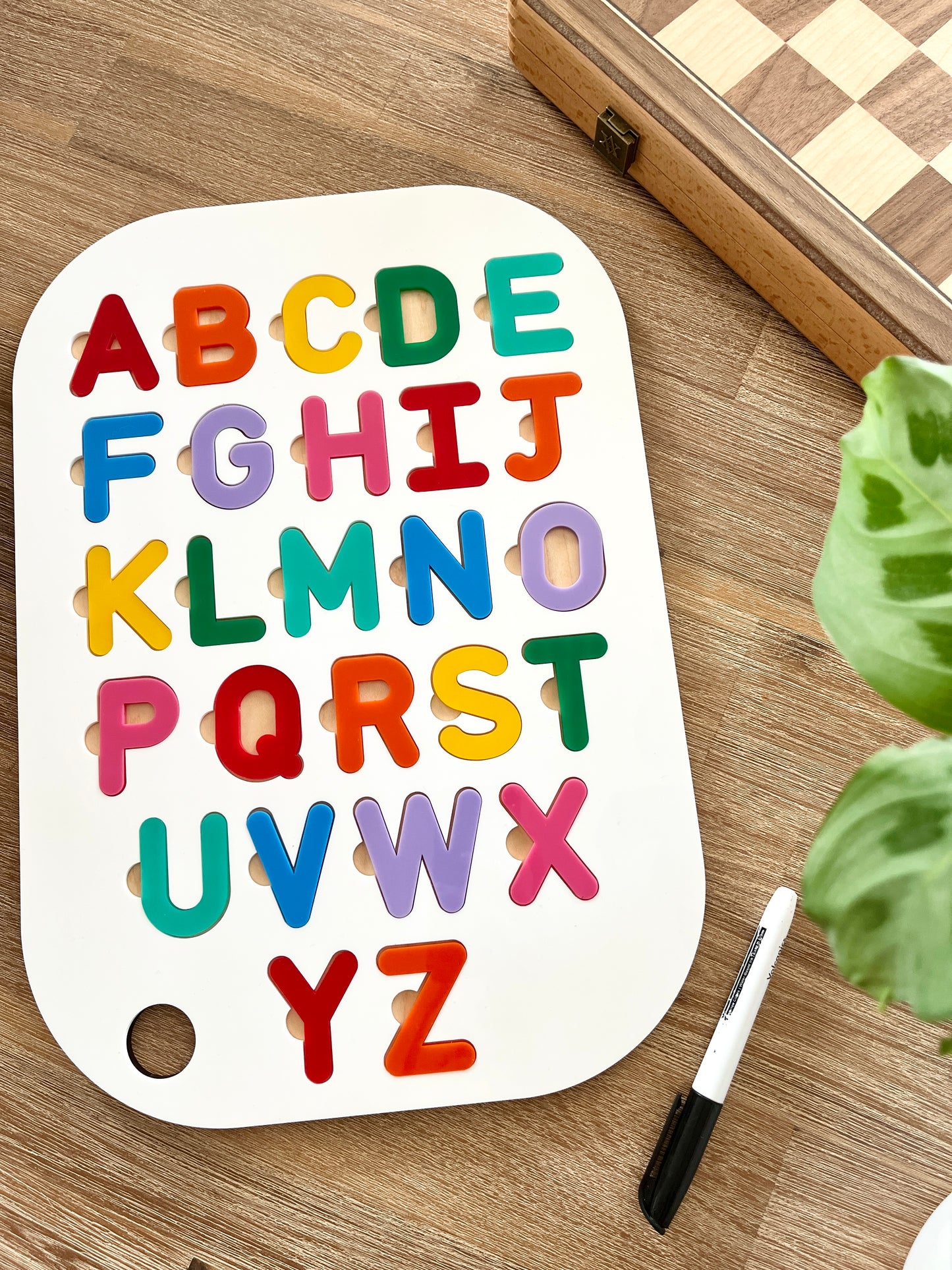 Acrylic Dry Erase Alphabet Puzzle Flisat Table Top Insert with Both Rainbow and White Letters
