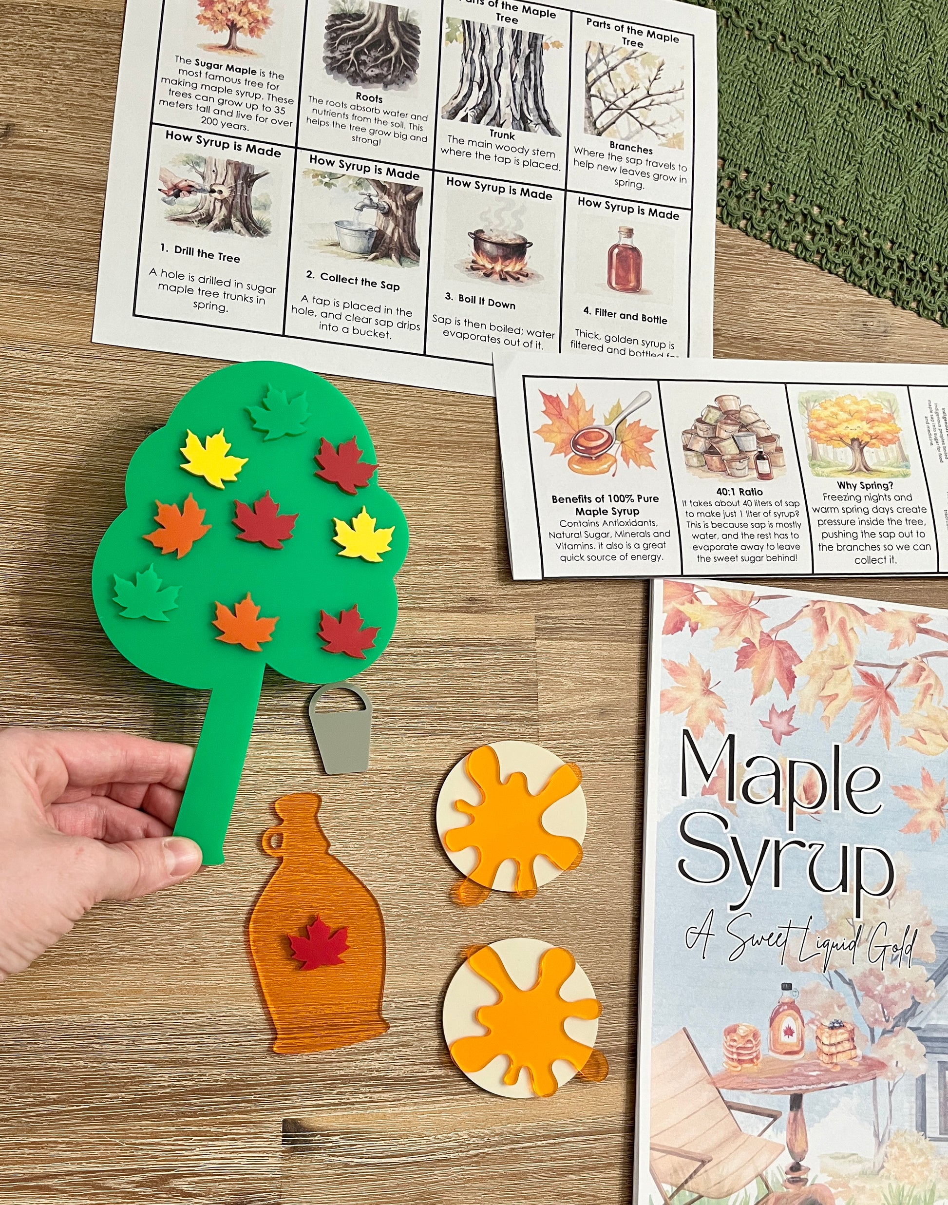 Little Dry Erasables - Pancakes with Maple Syrup, Maple Tree and Leaves featuring a green maple tree with colorful leaf magnets, wooden syrup bottle, pancake pieces, a small bucket, and educational cards, handcrafted homeschool education resources.