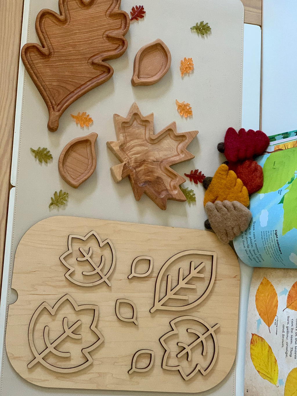 Wooden fillable leaf scene table insert with leaf-shaped trays, felt acorns, and open nature-themed book on white surface