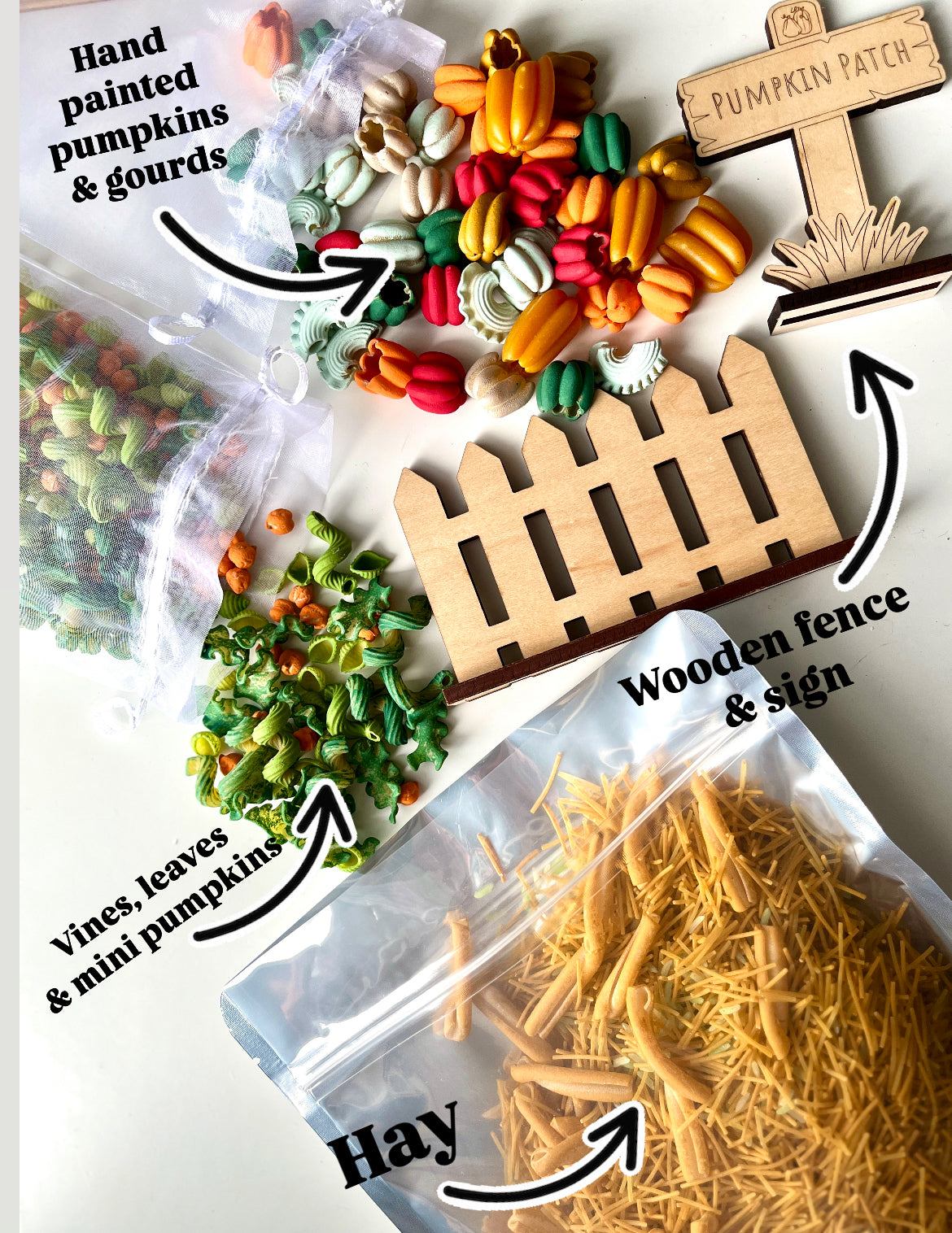 6 Cup Pumpkin Patch Fun Filler Sensory Kit with Optional Laser Cut Pumpkin Patch Sign and Fence