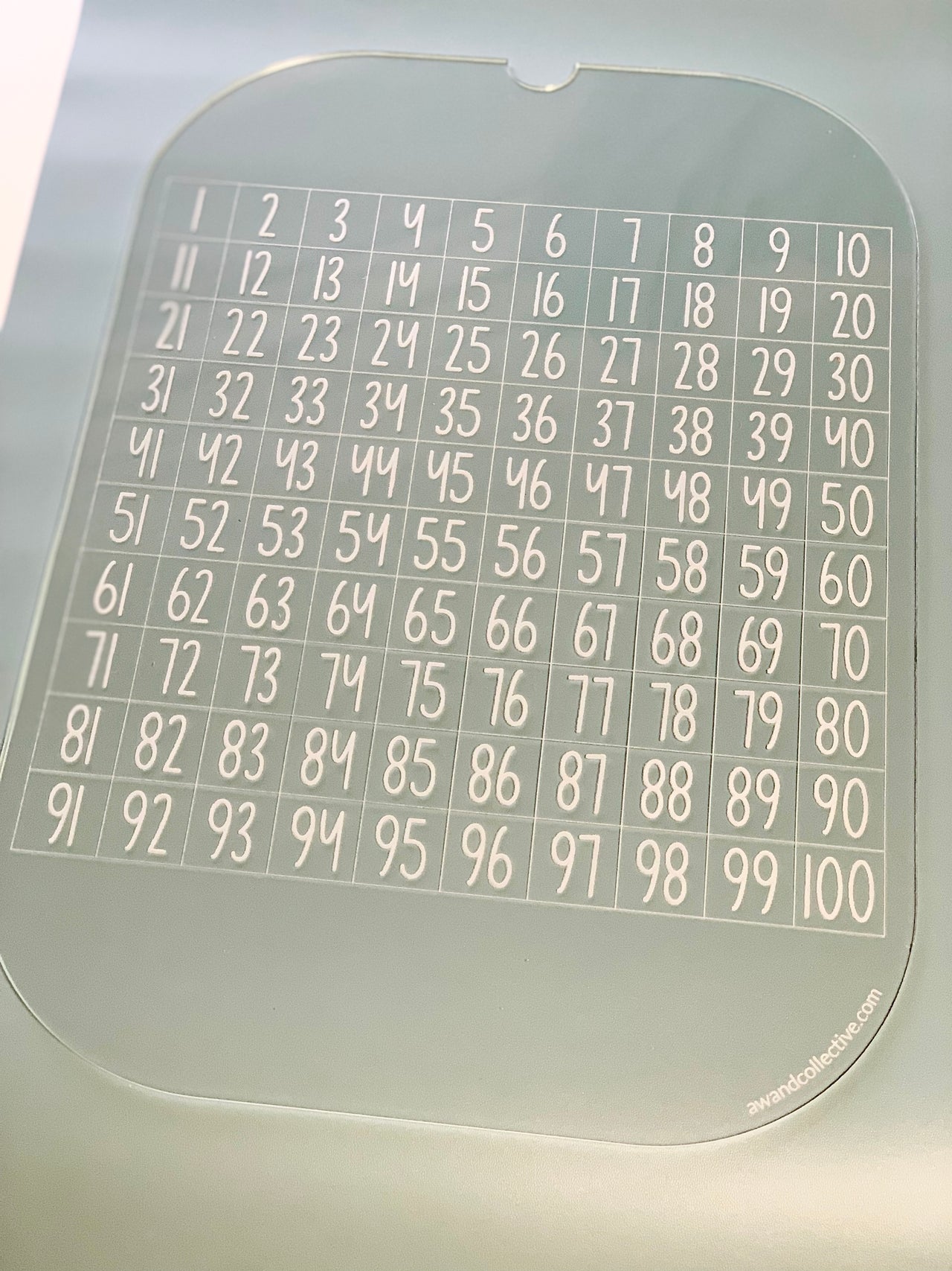 Clear acrylic sheet featuring numbers from 1 to 100 arranged in a grid pattern with ten columns and ten rows
