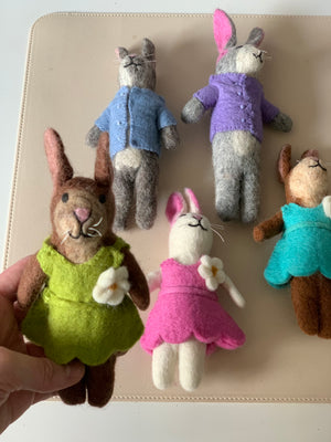 Five handmade felt animal dolls wearing colorful outfits, one held in hand on a light tan surface
