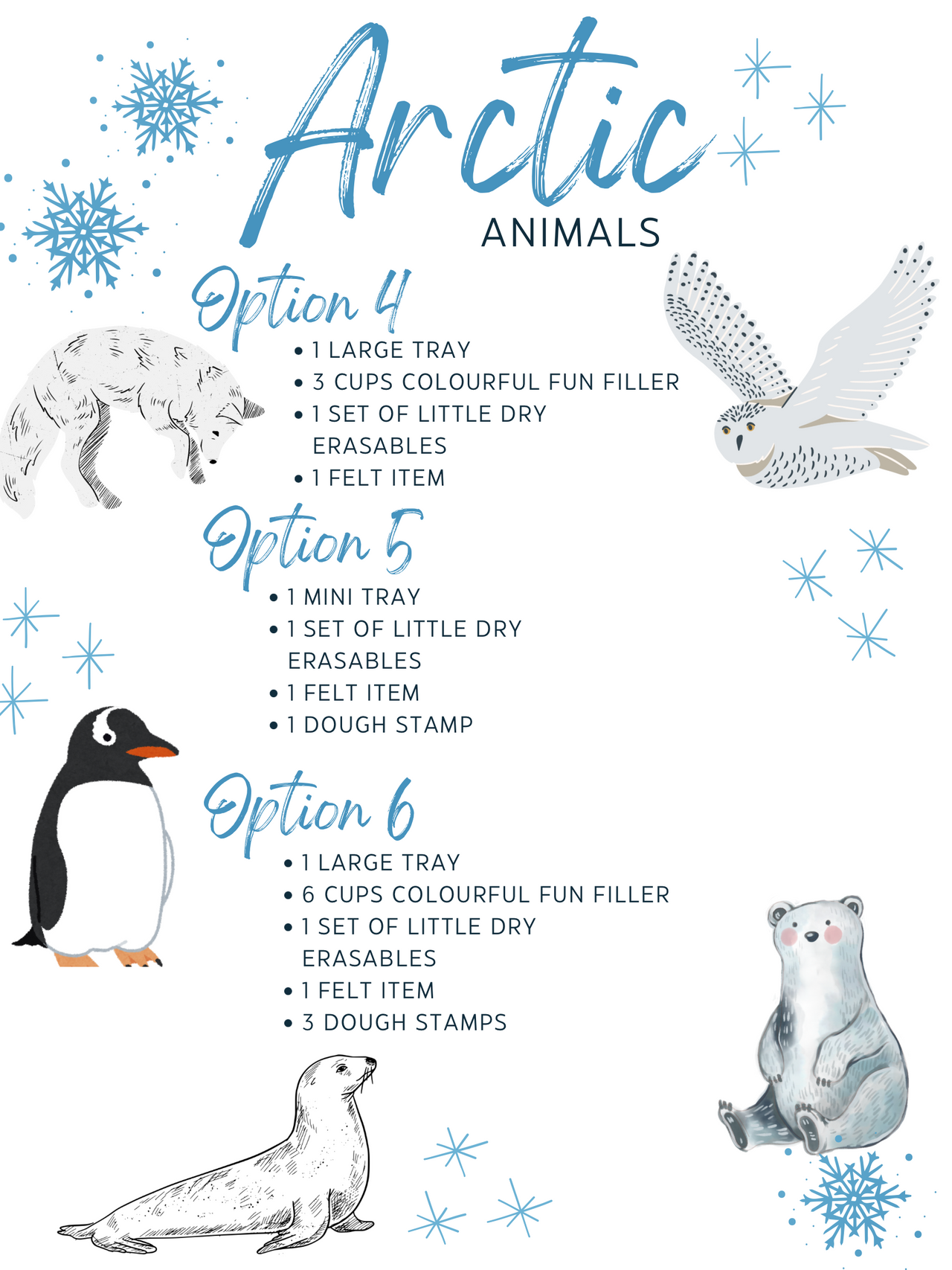 Text overlay describing three Arctic animal bundle options with illustrations of a fox, snowy owl, penguin, seal, and polar bear with snowflakes on white background