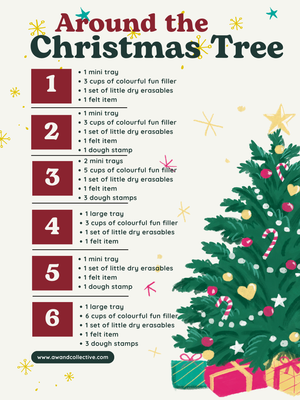 Christmas-themed activity list numbered 1 to 6 with colorful confetti and decorated tree with candy canes and heart ornaments