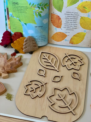 Wooden fillable leaf scene Flisat table top insert with cutout leaf shapes and nature-themed book and felt leaves nearby