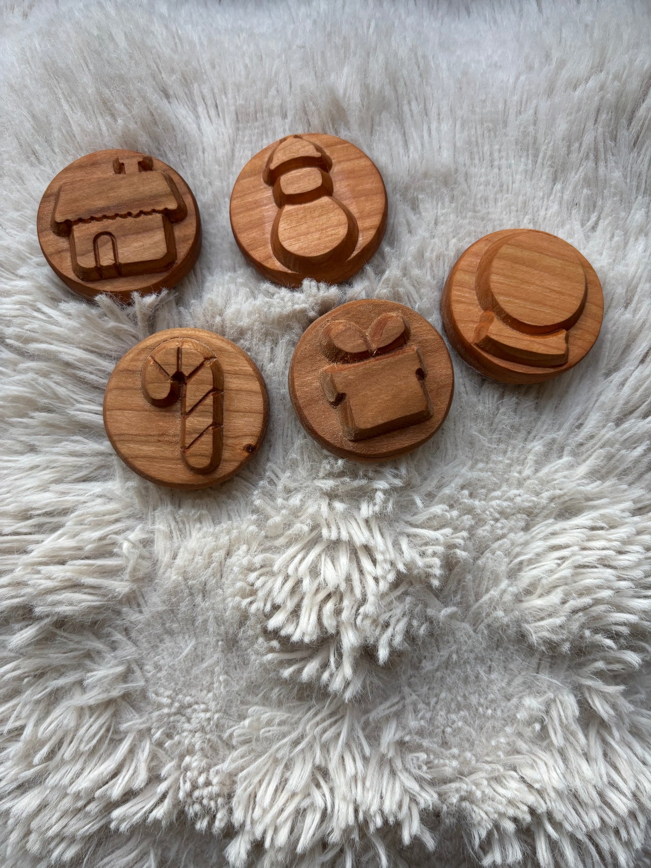 Ready to Ship, Playdough Stampers Christmas showcasing handcrafted wooden stampers with detailed Christmas-themed designs, unique homeschool educational resources and wood toys.
