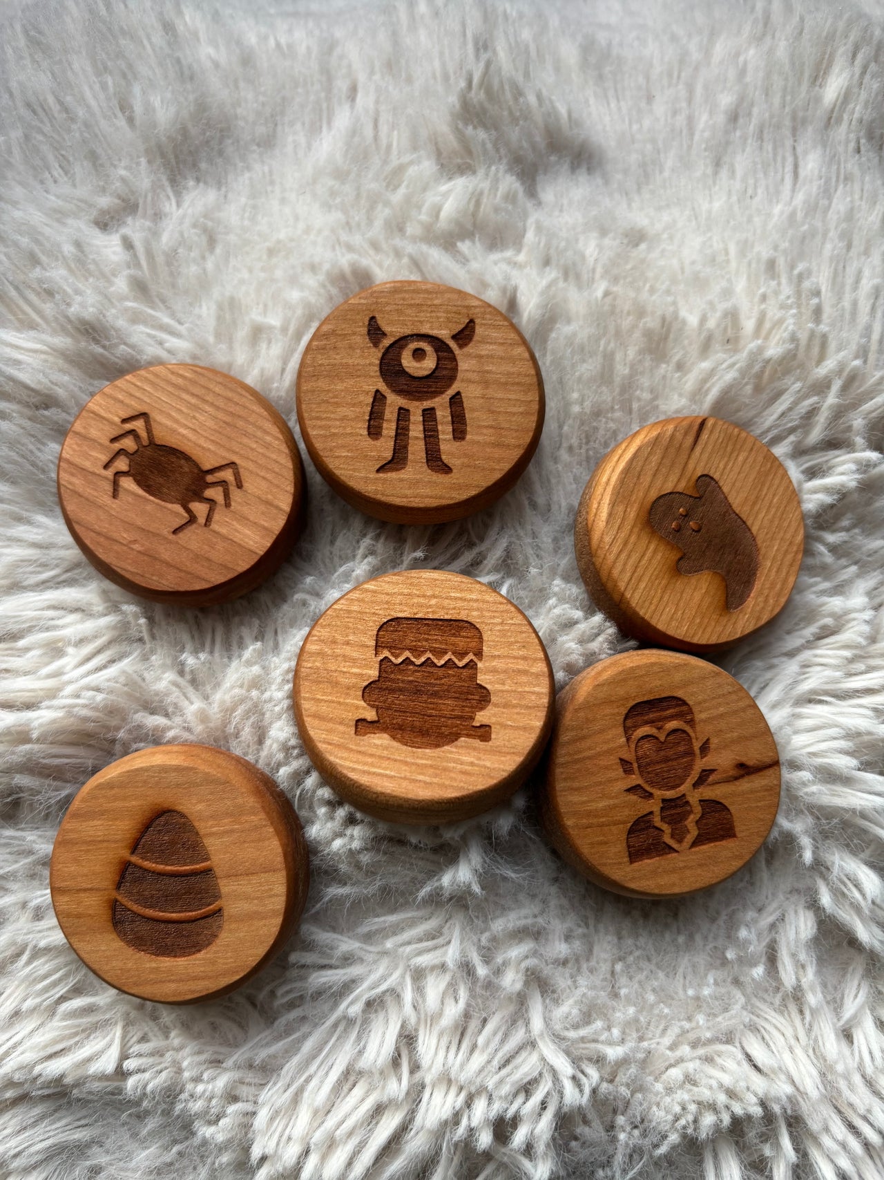 Ready to Ship, Playdough Stampers Halloween featuring handcrafted wooden stampers with carved spooky characters including a spider, one-eyed monster, ghost, candy corn, Frankenstein, and mummy, unique homeschool education resources and wood toys.