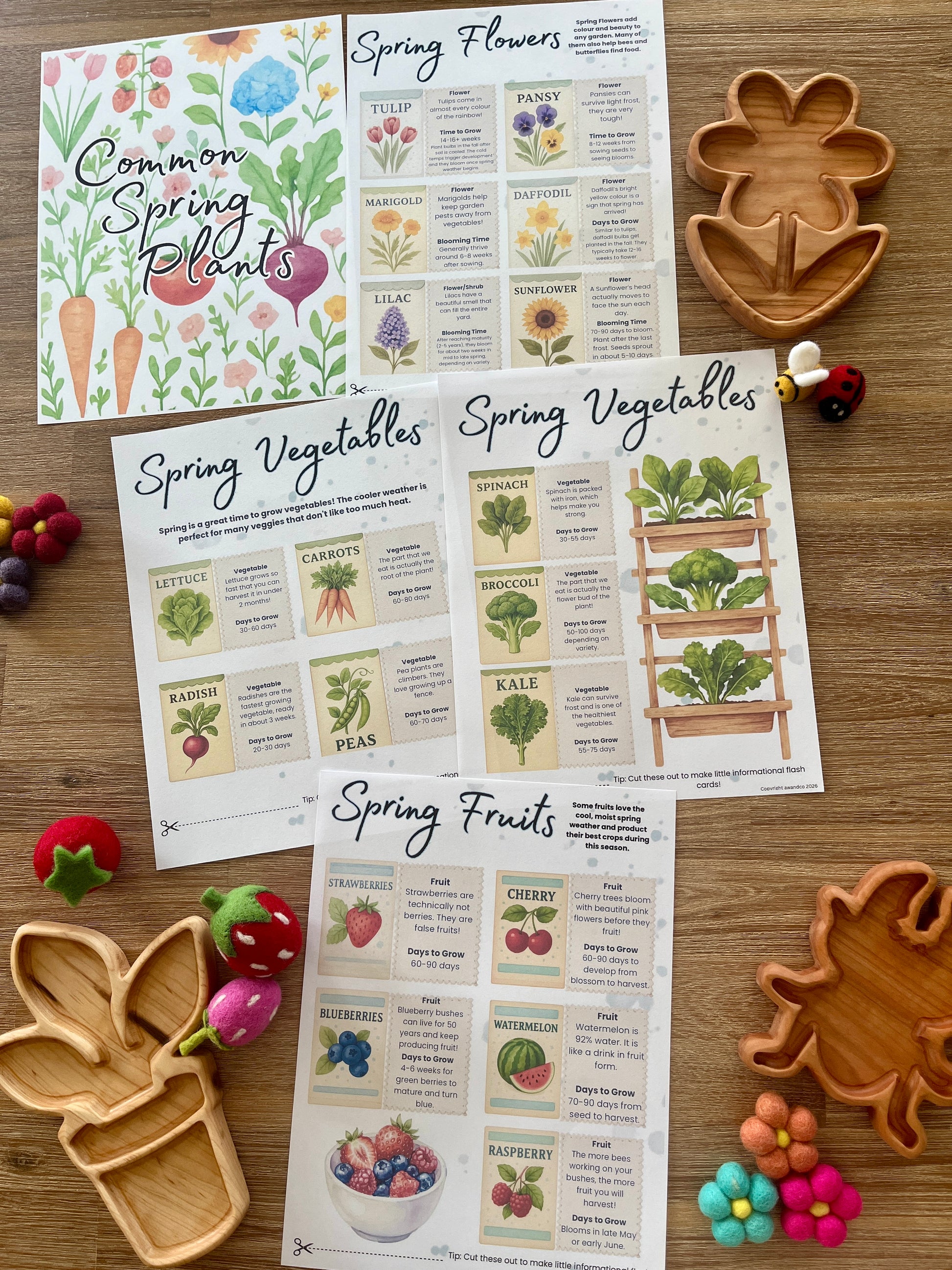Spread of detailed printable spring gardening educational pages featuring illustrated vegetables, fruits, and flowers with handcrafted wooden trays and felt sensory fillers for Digital Download | Spring Gardening Complete Unit Study, handmade homeschool education resources.