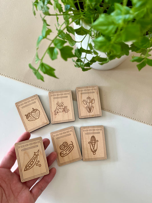 Wood or Clear Acrylic Seed Packets Loose Parts, Spring Garden Seeds