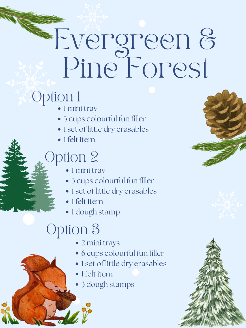 Winter-themed options list with illustrated pine trees, pinecones, a squirrel, and snowflakes on light blue background