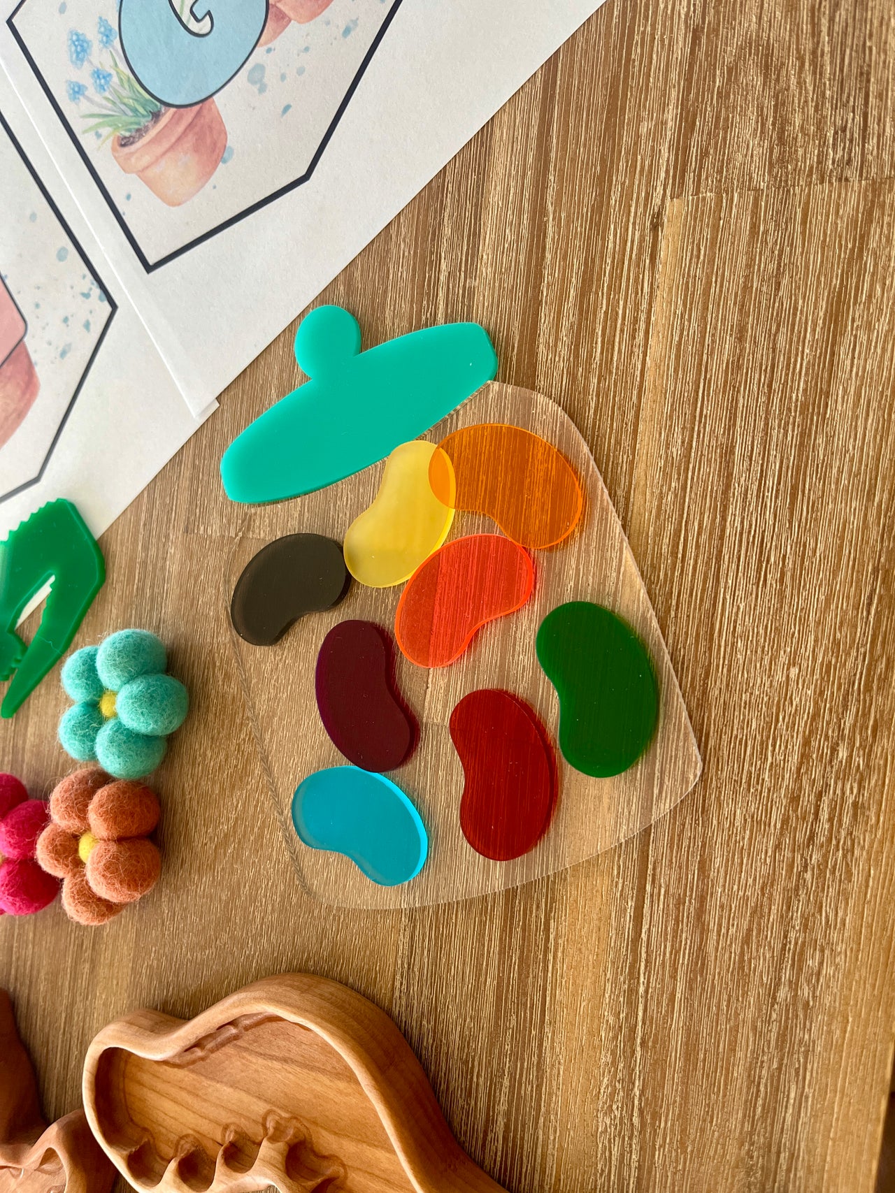 Little Dry Erasables — Jellybeans with Jar featuring colorful translucent jellybean pieces in a clear jar shape alongside felt flower crafts for handcrafted homeschool education resources.