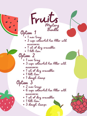 Illustrated fruit icons including watermelon, cherries, orange, pear, strawberry, and raspberry surrounding mystery bundle text.