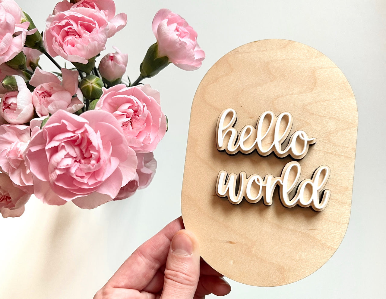 Hand holding wooden oval plaque with layered cursive "hello world" text next to a bouquet of pink carnations on white background