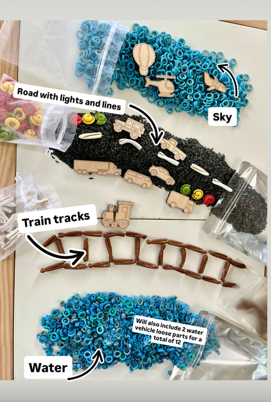 Transportation Fun Filler Sensory Kit with 12 Wood Parts