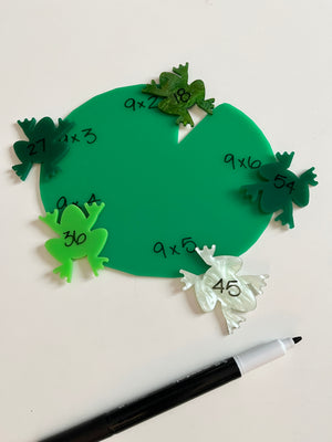 Little Dry Erasables - Lilypad with Frogs featuring green lilypad and frog-shaped pieces in varying shades of green and white, marked with multiplication facts, black dry erase marker, handcrafted homeschool education resources.
