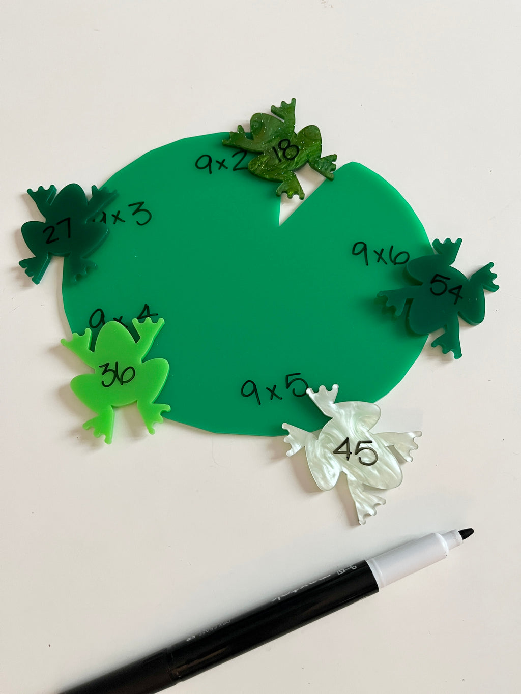 Little Dry Erasables - Lilypad with Frogs featuring green lilypad and frog-shaped pieces in varying shades of green and white, marked with multiplication facts, black dry erase marker, handcrafted homeschool education resources.