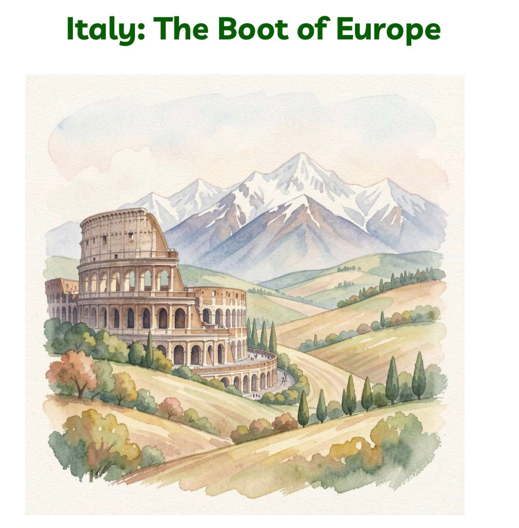 Illustration of the Colosseum with Italian landscape and mountains.