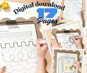 Digital download of 17 pages with line practice and coloring activities, shown in wooden tray with dry erase insert on top of the activity page.