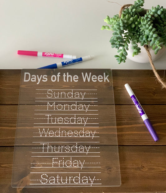 Days of the Week Acrylic Dry Erase Tracing & Writing Board