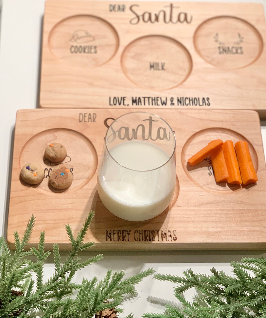 Natural wooden Santa snack plate with engraved cookies, milk, and snacks sections personalized with names and Christmas message