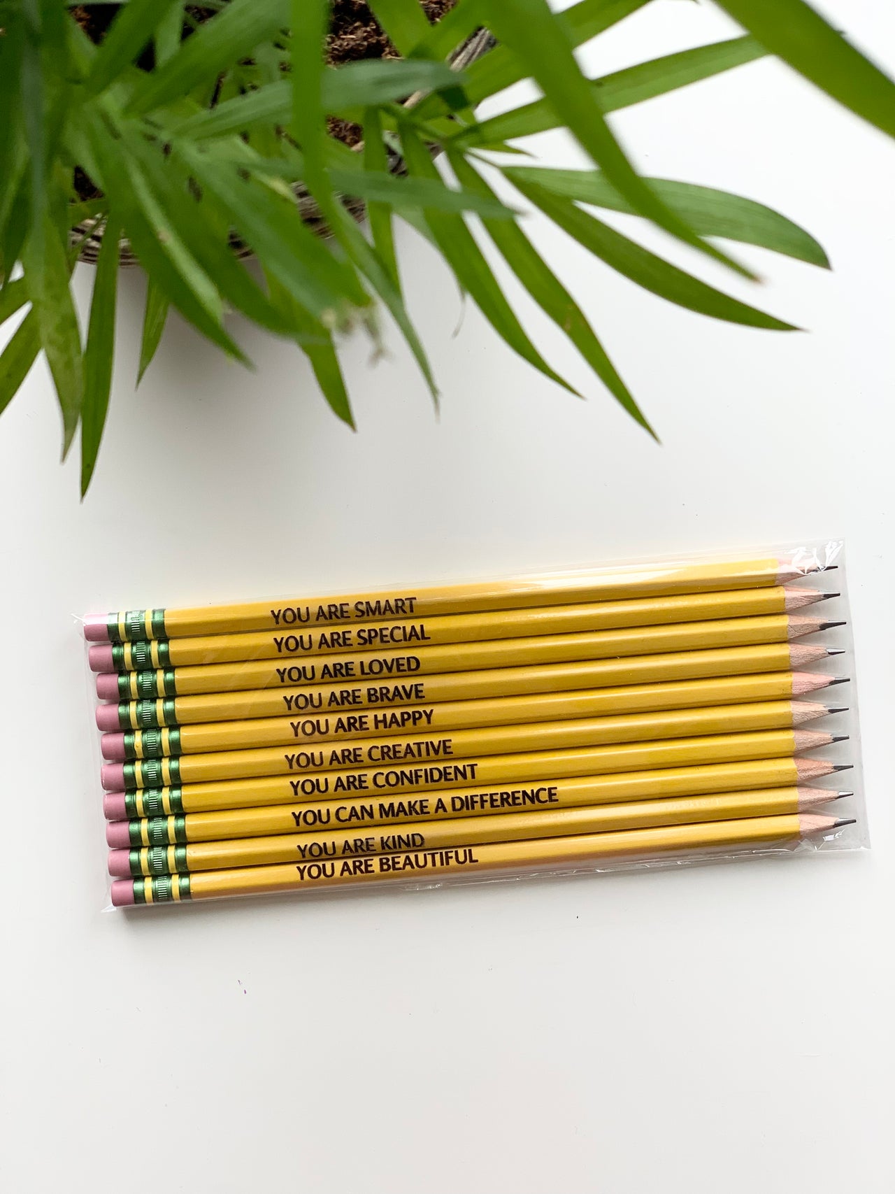 Set of 10 yellow pre-sharpened affirmation pencils with black motivational phrases and pink erasers on white surface near green plant