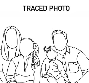 Black line art traced photo of a family with two adults and two children in simple continuous line drawing style