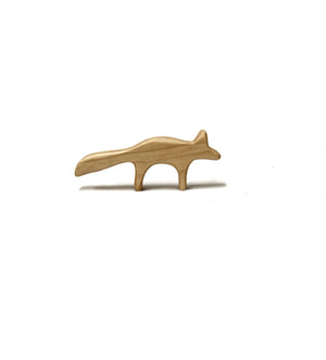 Small natural wooden fox toy figurine with smooth finish on white background