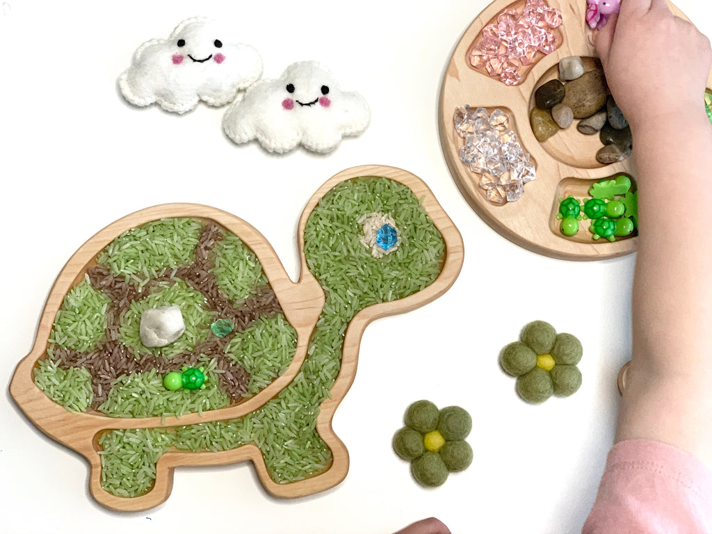 Wooden turtle-shaped sensory tray filled with colored rice and small green beads on white background