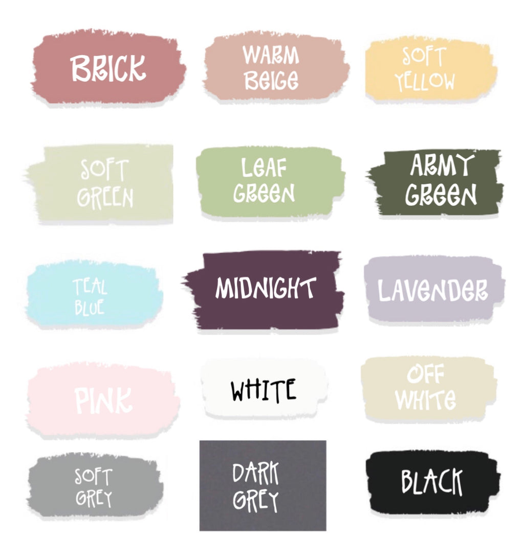 Color swatches labeled with names including brick, warm beige, soft yellow, soft green, leaf green, army green, teal blue, midnight, lavender, pink, white, off white, soft grey, dark grey, and black