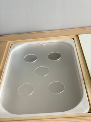 Maple plywood Flisat table top insert with recessed circular cutouts designed to fit Trofast Flisat bins