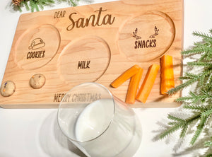 Natural wooden Santa snack plate with engraved sections for cookies, milk, and reindeer snacks with festive lettering