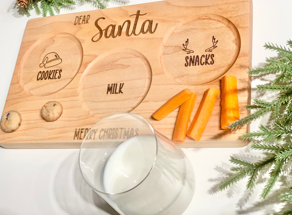 Natural wooden Santa snack plate with engraved sections for cookies, milk, and reindeer snacks with festive lettering