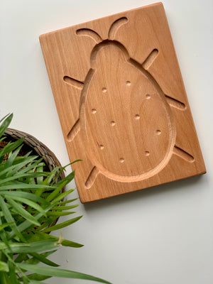 Natural wooden sensory tray with carved ladybug design on smooth light wood next to green potted plant on white surface