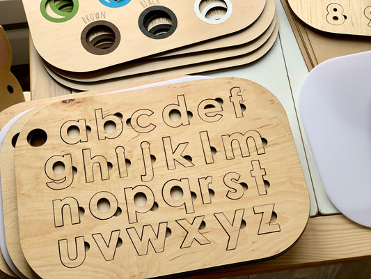 Maple plywood lowercase alphabet puzzle insert with engraved letters designed for Flisat table top bins