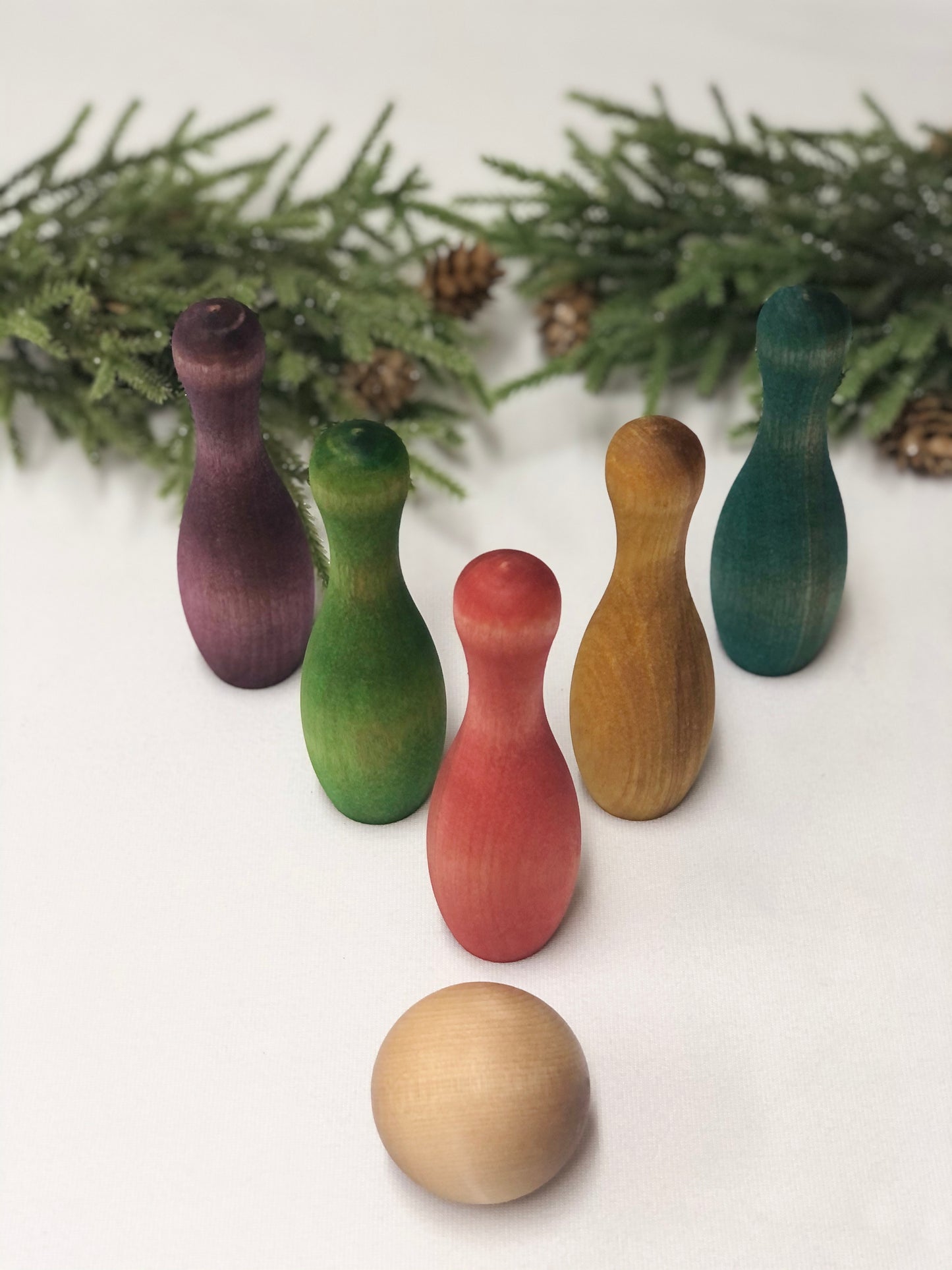 Naturally Dyed Rainbow Wooden Bowling Pins