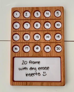 Natural wooden 20 frame sensory tray with numbered dry erase inserts and white board section for writing or drawing