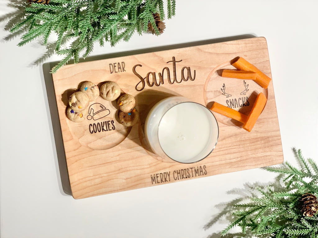 Personalized wooden Santa plate with sections for cookies, snacks, and a glass of milk, festive Christmas design