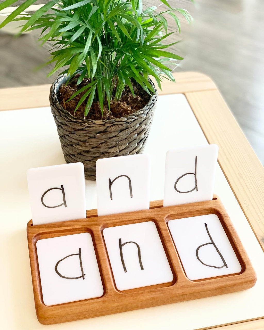 Three white dry erase flash cards with letters and words in black marker in wooden holder on white table next to plant