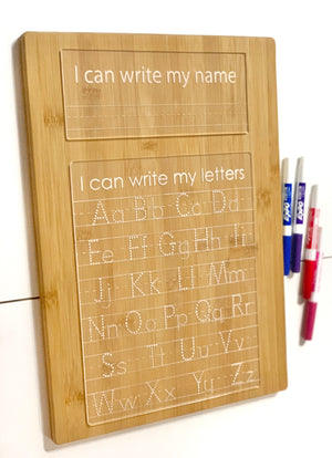 Bamboo acrylic dry erase tracing board engraved with uppercase and lowercase letters plus name writing area with markers