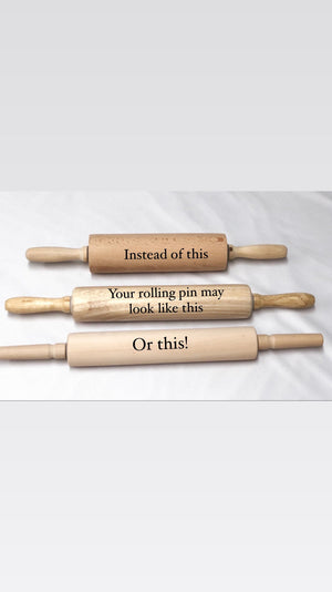 Three wooden rolling pins with text contrasting personalized and plain styles on white fabric background