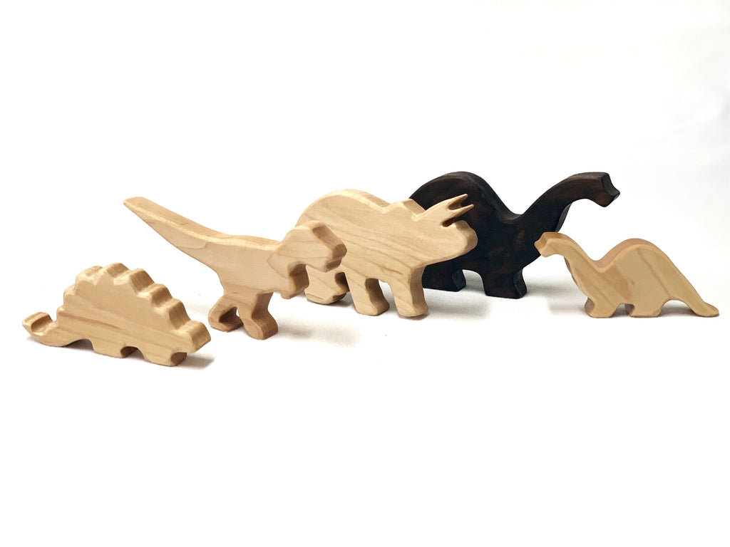 Set of five natural and dark wooden dinosaur toy figurines arranged side by side on white background