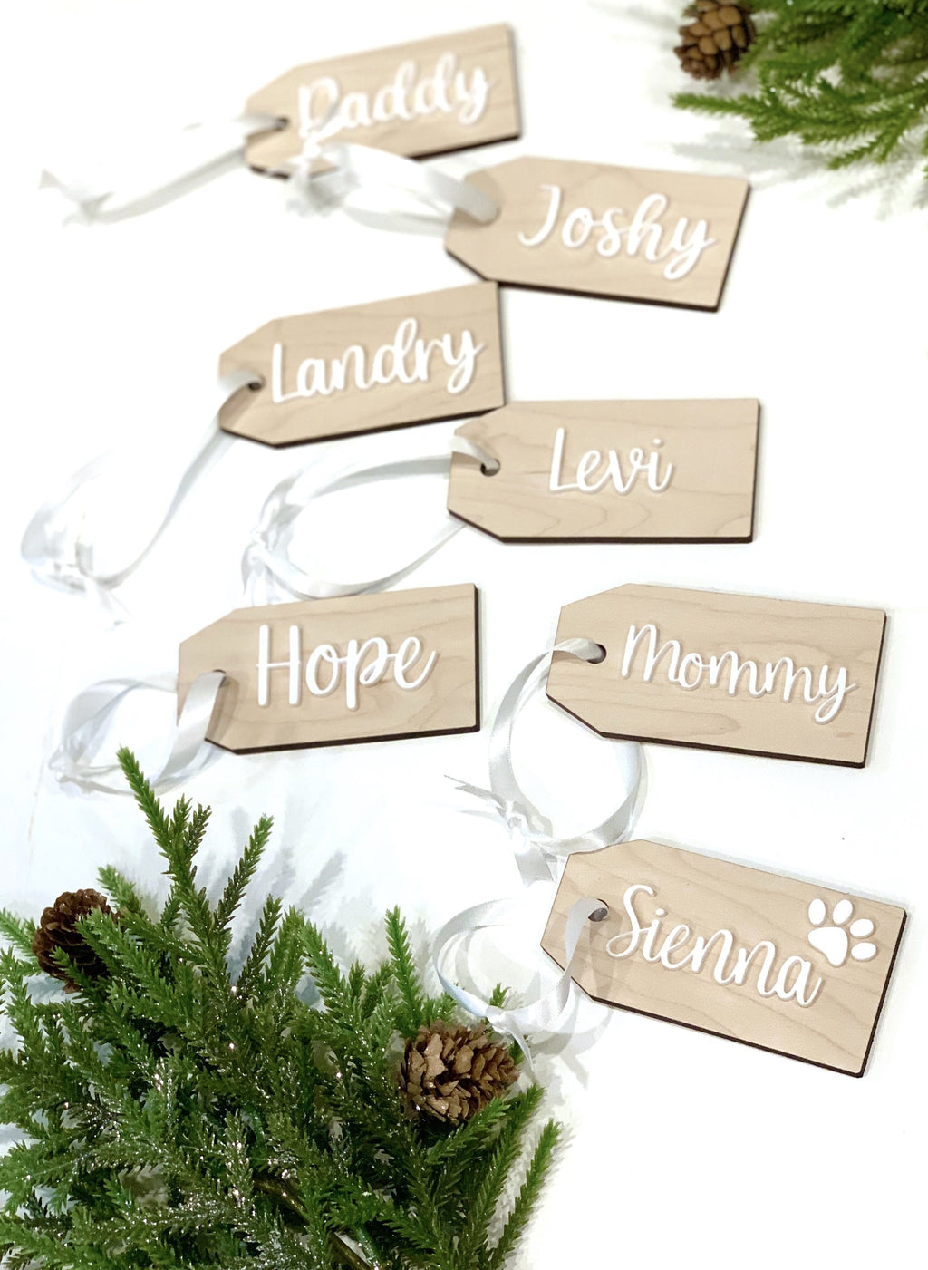 Set of custom wooden 2x4 inch gift tags with white cursive names and clear ribbon on white background with greenery and pinecones