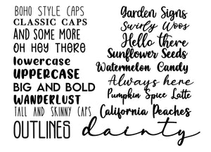 Black and white typography sample sheet showing various uppercase and lowercase font styles and script examples