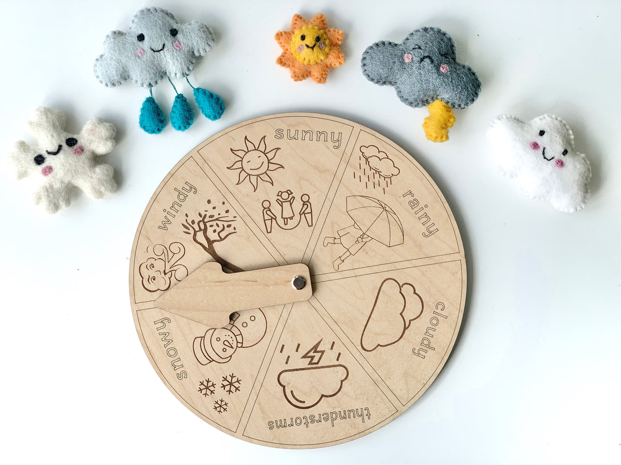 Round wooden weather wheel with engraved weather icons and names surrounded by plush weather-themed characters